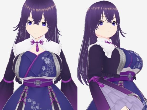 青紫の和模様ドレスの巨乳美女（セリフなし3DCGモデルイラスト集）