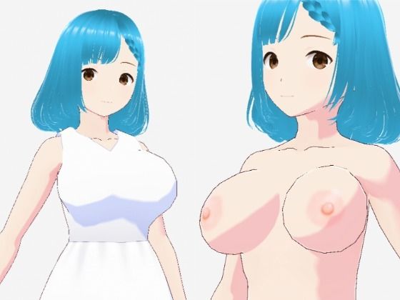 白いワンピースにシアン色の髪の巨乳お姉さん（セリフなし3DCGモデルイラスト集）