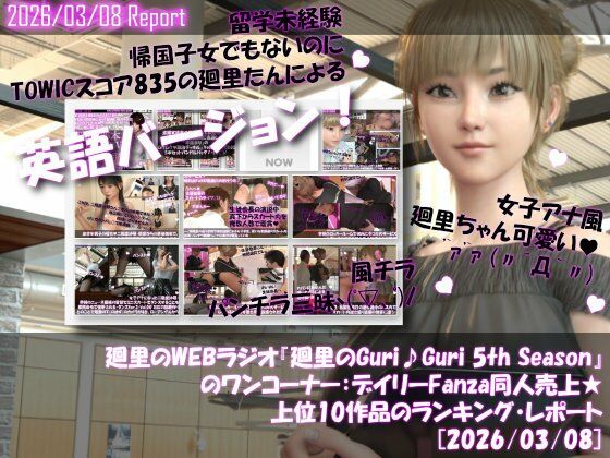 英語★廻里の自撮りWEBラジオ『廻里のGuriGuri（グリグリ）5thシーズン』のワンコーナー:デイリーFanza同人売上★上位10作品のランキング・レポート［2026/03/08］