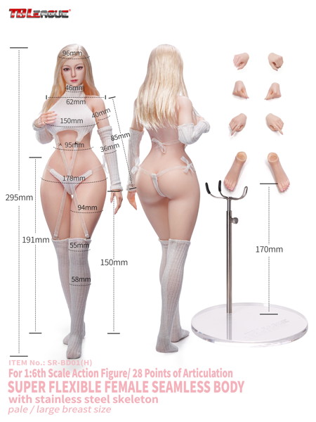 TBリーグ 1/6 スーパーフレキシブル 女性シームレスボディ ナローショルダー＆カーヴィーヒップ ヘッド付き（可動式アイ＆手植えまつ毛仕様）/ラージバスト/ペールスキン 001