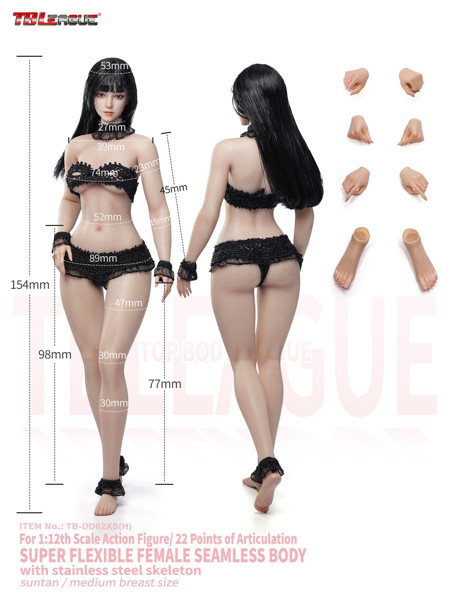 TBリーグ 1/12 スーパーフレキシブル 女性シームレスボディ ワスプウエスト＆ナチュラルカーブ ヘッド付き/ブラックヘア＆サンタンスキン