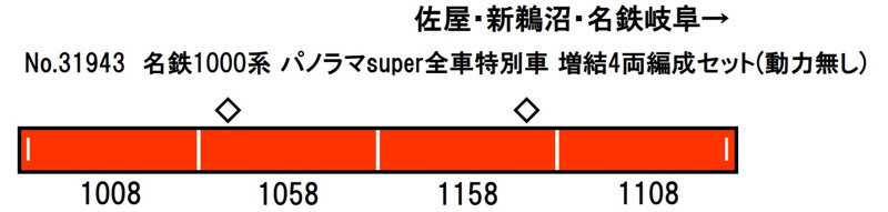 31943 名鉄1000系 パノラマsuper全車特別車 増結4両編成セット（動力無し）