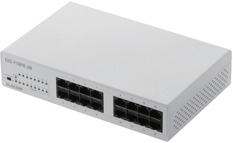 10/100Mbps対応スイッチングHub/16ポート/プラスチック筐体/磁石付き/電源内蔵モデル/ホワイト