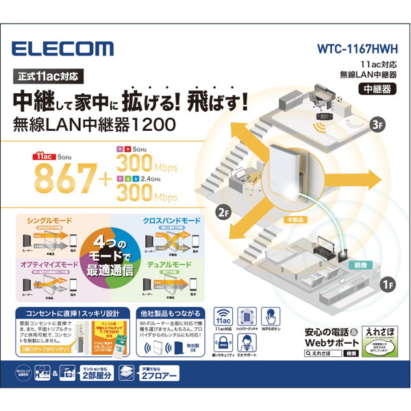 無線LAN中継器/11ac.n.a.g.b/867＋300Mbps/ホワイト 5,095円