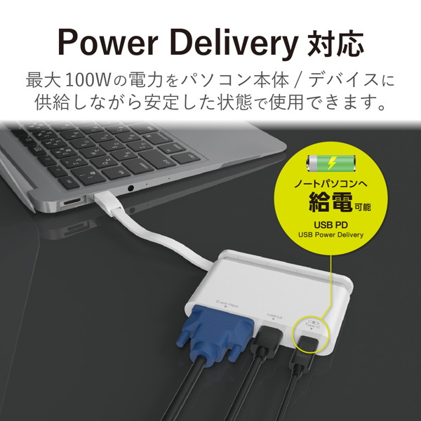 Type-Cドッキングステーション/PD対応/充電＆データ転送用Type-C1ポート/USB（3.0）1ポート/D-sub1ポート/ケーブル収納/ホワイト