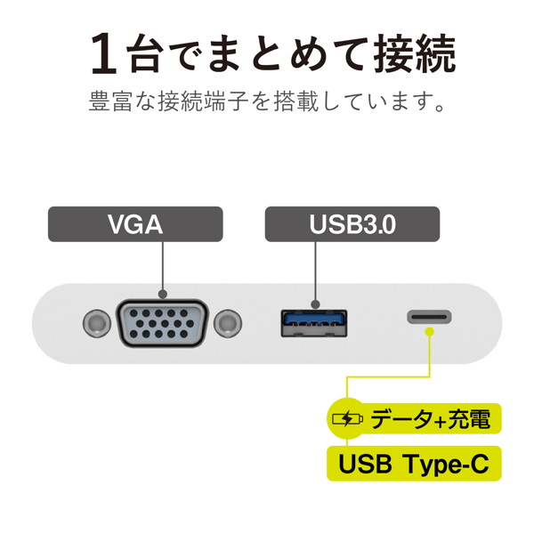 Type-Cドッキングステーション/PD対応/充電＆データ転送用Type-C1ポート/USB（3.0）1ポート/D-sub1ポート/ケーブル収納/ホワイト