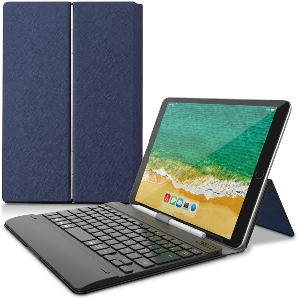 Bluetoothキーボード/ケース一体型/無段階角度調整/マルチペアリング対応/汎用/ブルー