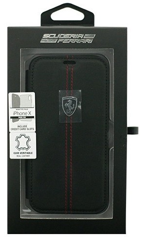 Ferrari iPhoneX専用 本革＋TPU手帳型ケース HERITAGE-Booktype Case W vertical contrasted stripe-Black IPHONE X FEHDEFLBKPXBK