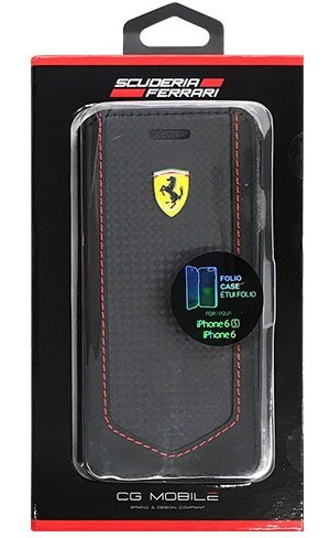 FERRARI 公式ライセンス品 VICTORY-Carbon PU Leather Booktype Case Black stitching red FEVIFLBKP6BK