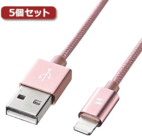 5個セット サンワサプライ ライトニングケーブルローズゴールド1mナイロンメッシュ KB-IPLTNM10KRGX5