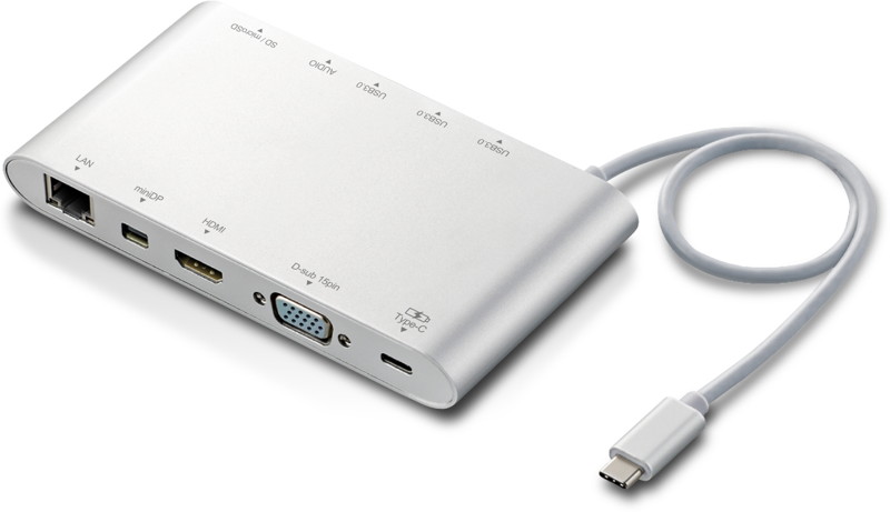 Type-Cドッキングステーション/PD対応/充電用Type-C1ポート/USB（3.1）3ポート/miniDisplayport1ポート/HDMI1ポート/D-sub1ポート/4極φ3.5端子/SD＋microSDスロット/LANポート/30cmケーブル/シルバー