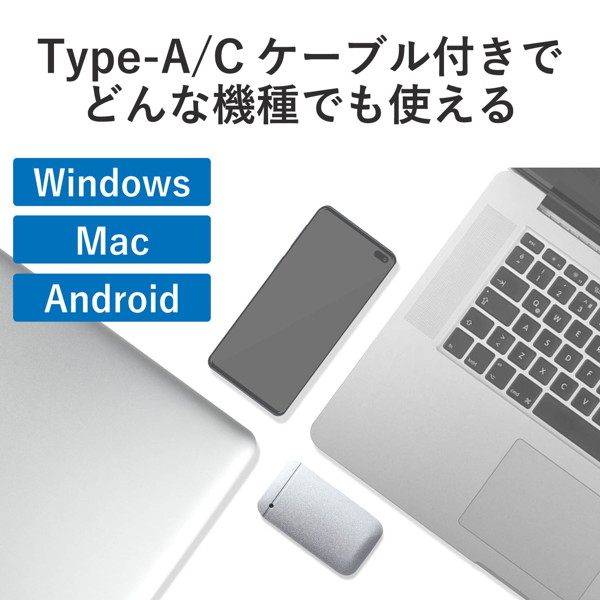 外付けSSD/ポータブル/USB3.2（Gen1）対応/TLC搭載/Type-C＆Type-Aケーブル付属/250GB/シルバー