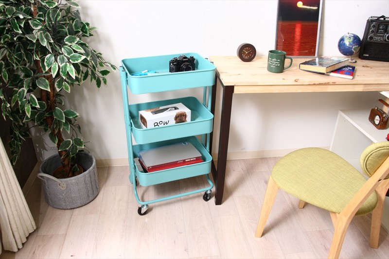 キッチンワゴン バスケット3段 ターコイズブルー