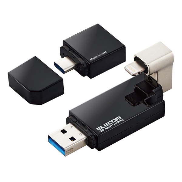LightningUSBメモリ/USB3.2（Gen1）/USB3.0対応/16GB/Type-C変換アダプタ付/ブラック MF-LGU3B016GBK