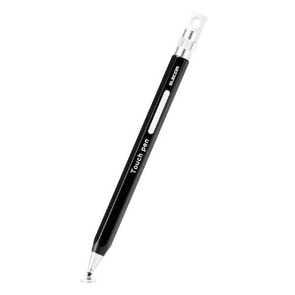タッチペン スタイラスペン ディスクタイプ 六角鉛筆型 ペン先交換可 ストラップホール付 【 iPad iPhone Android各種 スマホ タブレット 】対応 ブラック