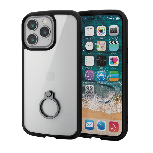 iPhone 14 Pro Max ケース カバー ハイブリッド 耐衝撃 衝撃吸収 軽量 薄型 ストラップホール付 リング付 スタンド機能付 背面クリア TOUGH SLIM ブラック