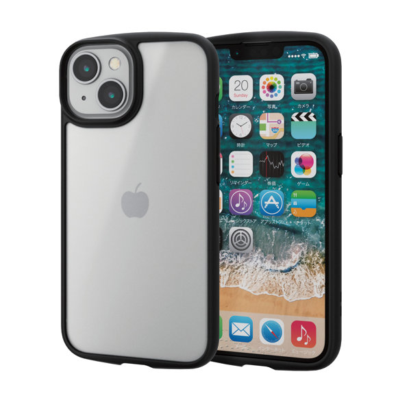 iPhone 14 / 13 ケース カバー ハイブリッド 耐衝撃 衝撃吸収 軽量 薄型 ストラップホール付 背面ガラスマットクリア 指紋防止 高透明 TOUGH SLIM ブラック