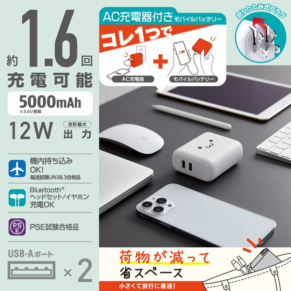 モバイルバッテリー コンセント一体型 5000mAh 12W 出力（ USB A ×2） 2台同時充電可 【 iPhone AirPods Android スマホ 各種対応 】 ホワイトフェイス DE-AC06-5000WF