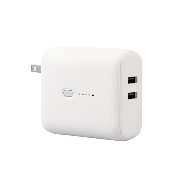 モバイルバッテリー コンセント一体型 5000mAh 12W 出力（ USB A ×2） 2台同時充電可 【 iPhone AirPods Android スマホ 各種対応 】 ホワイトフェイス DE-AC06-5000WF