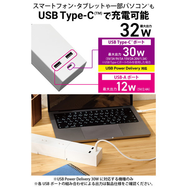 電源タップ 延長コード USB付き 2.5m （ コンセント ×3 Type-C ×1 USB-A ×2 ） PD 対応 フットパーツ付 ホワイト ECT-23325WH