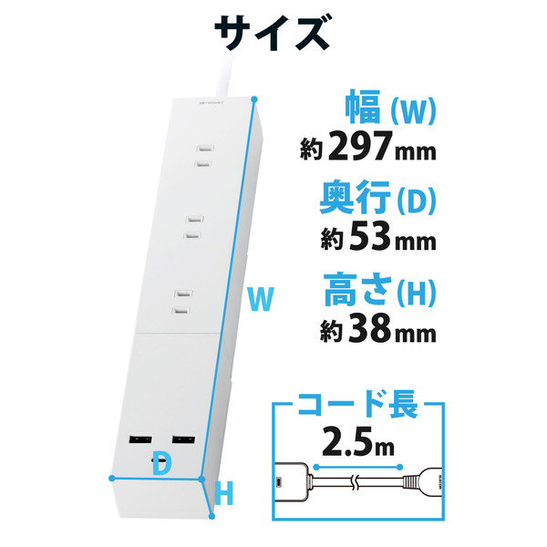 電源タップ 延長コード USB付き 2.5m （ コンセント ×3 Type-C ×1 USB-A ×2 ） PD 対応 フットパーツ付 ホワイト ECT-23325WH