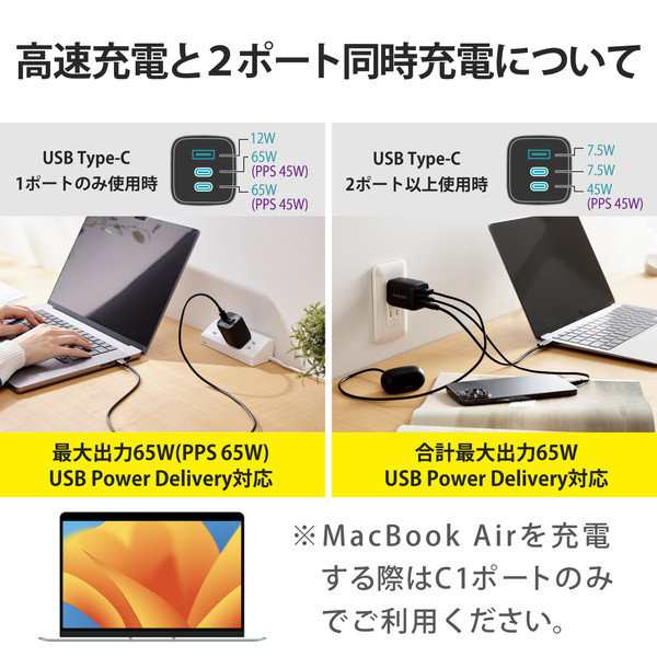 USB Type-C 充電器 PD PPS対応 出力 65W タイプC ×2 USB A ×1 【 MacBook Pro / Air iPad iPhone Android Nintendo Switch 等対応 】 ブラック MPA-ACCP4465BK USB Type-C 充電器 PD PPS対応 出力 65W タイプC ×2 USB A ×1 【 MacBook Pro / Air iPad iPhone Android Nintendo Switch 等対応 】 ブラック MPA-ACCP4465BK