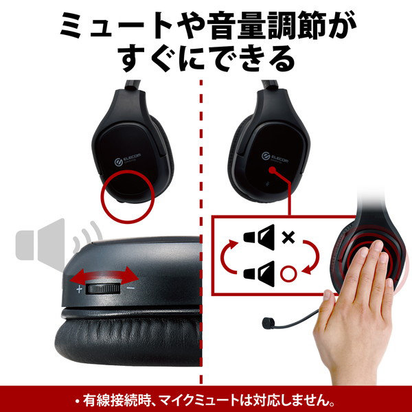 ゲーミングヘッドセット ワイヤレスヘッドホン 無線 2.4GHz （有線3.5mm接続可） マイク付 φ50mm ドライバー ミキサー機能付 3Dサラウンド対応 ブラック HS-GMW100BK