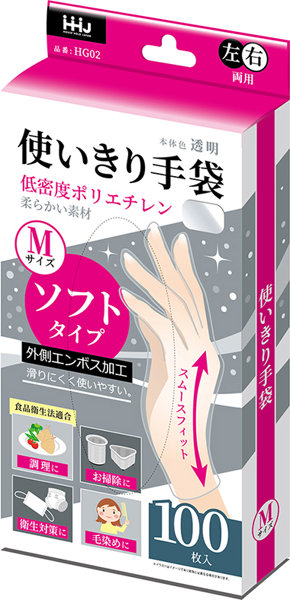 ハウスホールドジャパン 使いきり手袋 ソフトタイプ スムースフィット 透明 M 100枚入 HG02