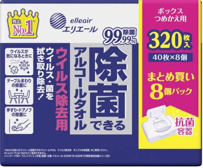 エリエール除菌できるアルコールタオルウイルス除去用ボックスつめかえ用40枚×8個