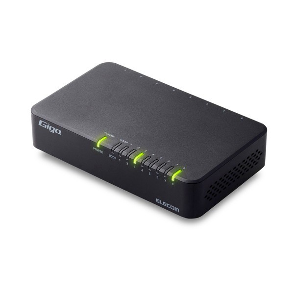 スイッチングハブ LAN ハブ 8ポート Giga対応 1000/100/10Mbps プラスチック筐体 AC電源 ファンレス 静音 省エネ機能 壁掛け設置対応 ブラック EHC-G08PA4-B