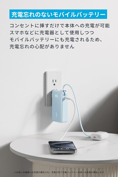 Anker Power Bank （10000mAh， Fusion， Built-In USB-C ケーブル） ホワイト White A1637N21