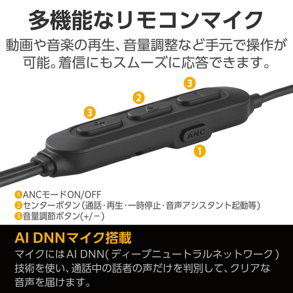 USB Type-C イヤホン 有線 ANC ノイズキャンセリング マイク付き カナル型 通話対応 音量調整 DAC搭載 ハイレゾ対応 ブラック EHP-DF17CMBK