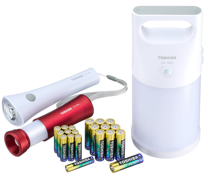 東芝 X-BOUSAI SET3 アルカリ乾電池 単3形（2P×5） / 単4形（2P×5） / LED懐中電灯 / LEDランタン付きライト / センサー付きLEDランタン ［ LR6AN 2KP / LR03AN 2KP / KFL-32N（W） / KFL-403L（R） / LKL-3000（W） まとめ買い］