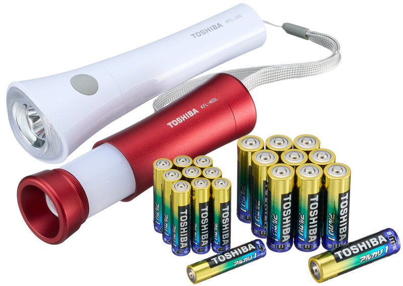 東芝 X-BOUSAI SET2 アルカリ乾電池 単3形（2P×5） / 単4形（2P×5） / LED懐中電灯 / LEDランタン付きライト ［ LR6AN 2KP / LR03AN 2KP / KFL-32N（W） / KFL-403L（R） / アルカリ乾電池 LED懐中電灯 LEDランタンまとめ買い ］