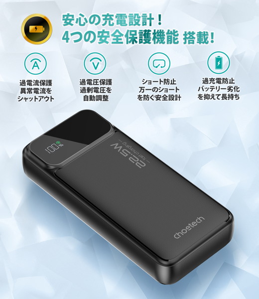 CHOETECH チョエテック モバイルバッテリー 20,000mAh PD22.5W LEDディスプレイ搭載 B729