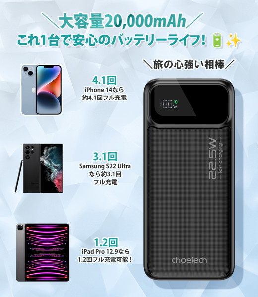 CHOETECH チョエテック モバイルバッテリー 20,000mAh PD22.5W LEDディスプレイ搭載 B729