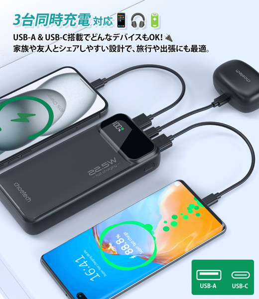 CHOETECH チョエテック モバイルバッテリー 20,000mAh PD22.5W LEDディスプレイ搭載 B729