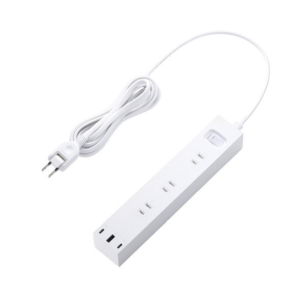 延長コード 電源タップ USBタップ 3m （ コンセント 6口 USB Type-C ×2 USB-A ×1 ） PD 30W マグネット 雷ガード ほこり防止シャッター 一括スイッチ ホワイト ECT-3930WH