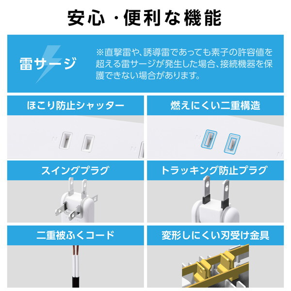 延長コード 電源タップ USBタップ 1m （ コンセント 6口 USB Type-C ×2 USB-A ×1 ） PD 30W マグネット 雷ガード ほこり防止シャッター 一括スイッチ ホワイト ECT-3910WH
