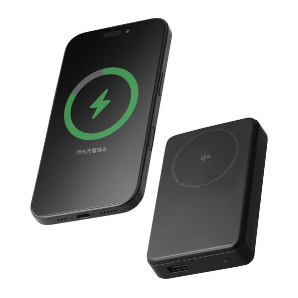 マグネット式 Qi2 最大15W モバイルバッテリー （ ワイヤレス充電 / USB充電 両対応 ） 10000mAh 大容量 機内持ち込み可 【 MagSafe 対応 iPhone 各種】 ブラック EC-C38BK
