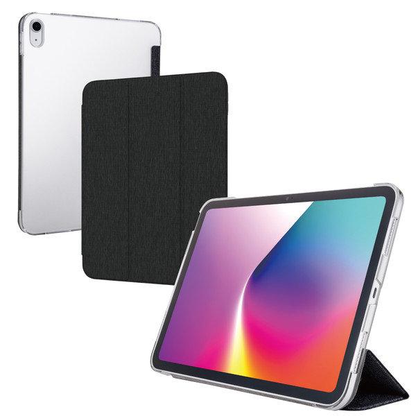 iPad ケース 11インチ （ A16 ） / 10.9インチ 第10世代 ファブリックフラップ カバー 2アングル スタンド オートスリープ機能 軽量 背面クリア ブラック TB-A25RWVCBK
