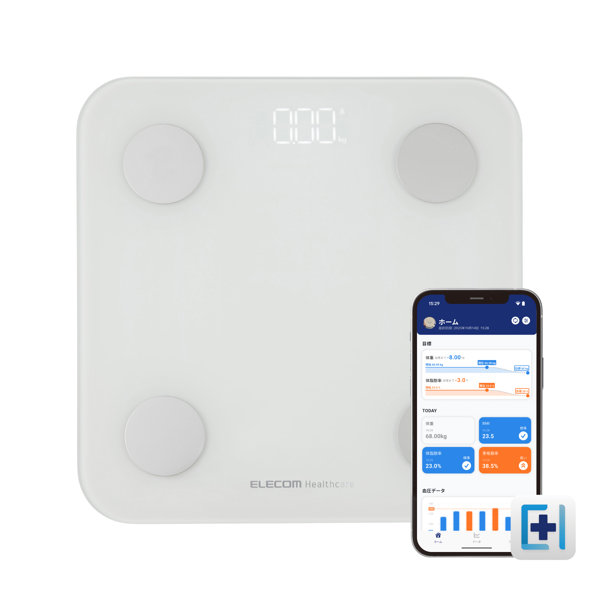 体重計 体組成計 Bluetooth/Wi-Fi対応 スマホ連動 13項目測定 体脂肪率 / BMIなど ヘルスメーター iOS/Android対応 ELECOM Healthcareアプリ連携 ホワイト HCS-BTWFS01WH