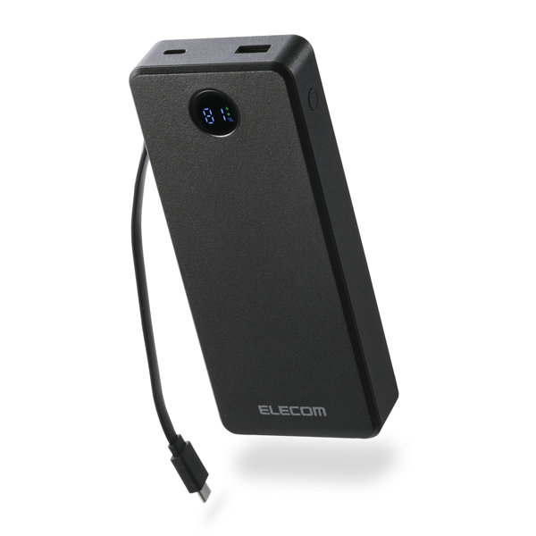 モバイルバッテリー 20000mAh 67W充電 ケーブル一体型 ノートPC対応 大容量 残量表示 PSE適合 旅行/出張/防災 ブラック DE-C77-20000BK