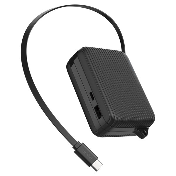 巻取り式USB-Cケーブル一体型 モバイルバッテリー 10000mAh 30W PD/PPS対応 USB-C/USB-Aポート パススルー 機内持込可 iPhone/Android/Switch対応 ブラック DE-C79-10000BK