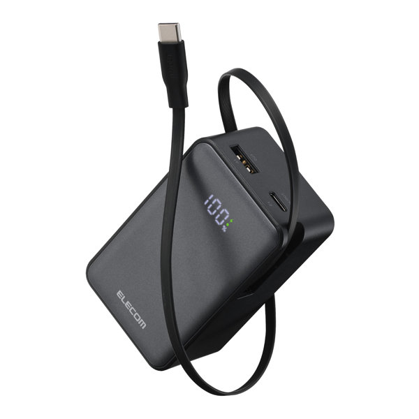 モバイルバッテリー 10000mAh 巻き取りケーブル一体型 35W PD対応 iPhone / Android / ノートPC / Switch 対応 LED残量パネル PSE適合 ブラック DE-C82L-10000BK
