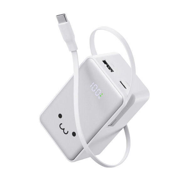 モバイルバッテリー 10000mAh 巻き取りケーブル一体型 35W PD対応 iPhone / Android / ノートPC / Switch LED残量パネル PSE適合 ホワイト ブラック しろちゃん DE-C82L-10000WF
