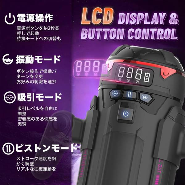 電動ピストン吸引オナホール 加熱ヒーター搭載 9段階ストローク 9種振動 4段階吸引 LCDディスプレイ搭載 着脱式ハンドル対応 USB充電式 男性向け高性能メンズグッズ248 画像4