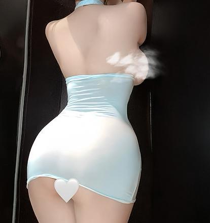 【彼の理性を破壊】清楚なアイスブルーの罠。胸元全開のクロスホルターネック・セクシードレス【同生地Tバック付】 F764 画像1