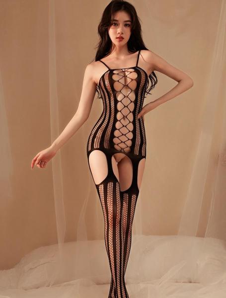 【網タイツ×ガーター風セクシー】 縦ライン切替 網目シースルー キャミソール風 タイツ一体型 ボディースーツ 股開きクロッチ 極細ハイレグ セクシーランジェリー ブラック フリーサイズ F-613 画像8