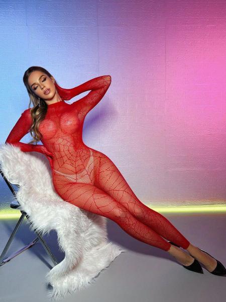 過激 全身網タイツ ボディストッキング 【情熱の赤/スパイダー柄】 蜘蛛の巣 指先まで包む グローブ一体型 穴あき オープンクロッチ 透け感 セクシー ランジェリー レッド   F857 画像1